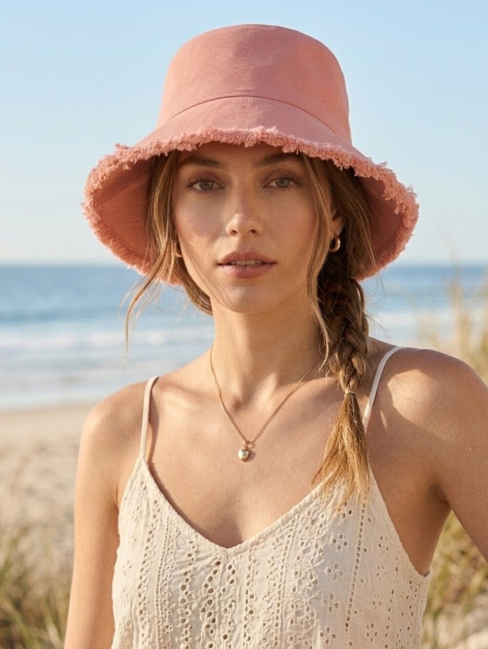 Madewell Pink Solid Frayed-edge bucket hat Resortwear Boho Summer Coastal
